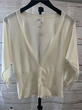 LOFT Cream V-Neck Cotton Cardigan